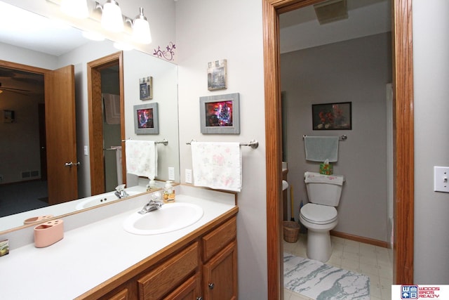 2600 Evergreen Cir, Beatrice, NE 68310 - bathroom featuring vanity, tile patterned floors, toilet, and ceiling fan