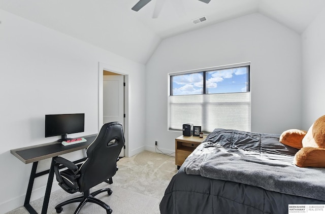11065 N 171st St, Bennington, NE 68007 - bedroom with vaulted ceiling, light carpet, a desk, baseboards, and ceiling fan