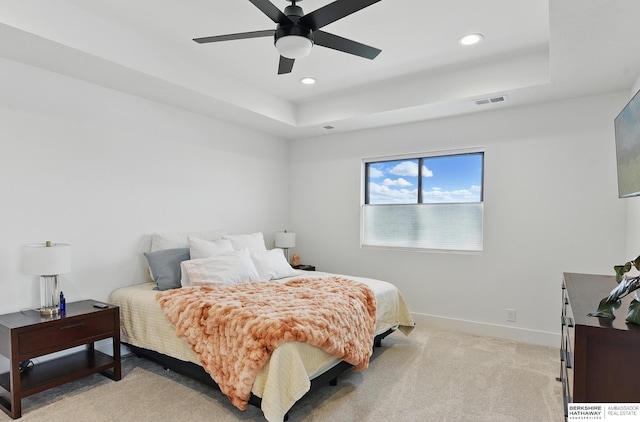 11065 N 171st St, Bennington, NE 68007 - bedroom featuring a raised ceiling, baseboards, recessed lighting, light colored carpet, and ceiling fan