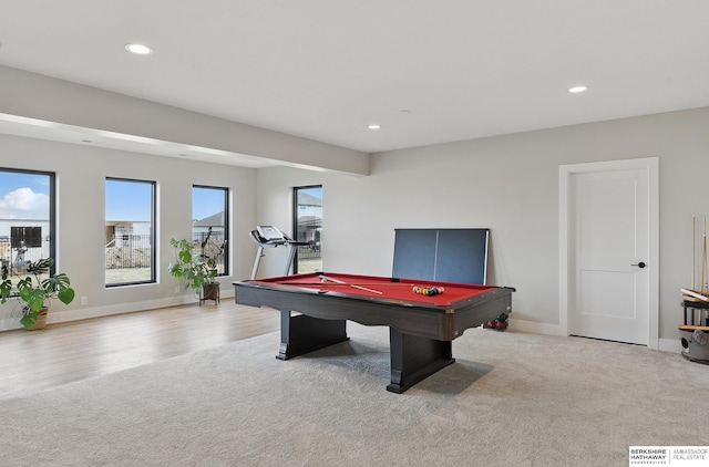 11065 N 171st St, Bennington, NE 68007 - game room with pool table, recessed lighting, carpet floors, baseboards, and wood finished floors