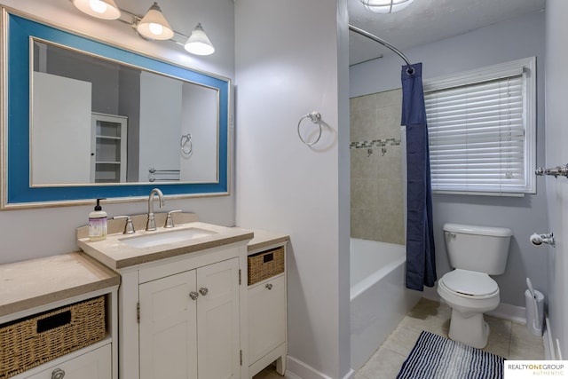 12180 Pedersen Dr, Omaha, NE 68144 - full bath with vanity, toilet, tile patterned floors, baseboards, and shower / bathtub combination with curtain