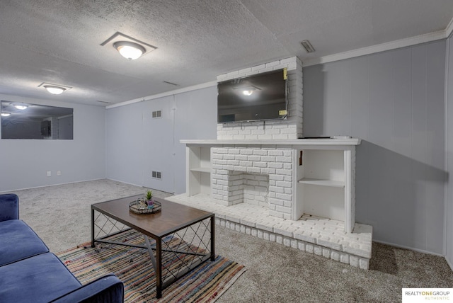 12180 Pedersen Dr, Omaha, NE 68144 - living area with carpet, a fireplace, a textured ceiling, and baseboards