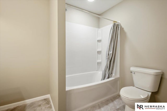 8261 Stephanie Ln, Bellevue, NE 68147 - bathroom with toilet, shower / bath combination with curtain, baseboards, and tile patterned flooring
