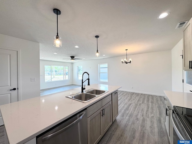 929 S Columbia Ave, Seward, NE 68434 - kitchen featuring a sink, dishwasher, light wood-style flooring, light countertops, and pendant lighting