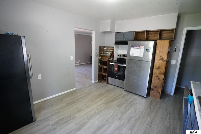 5433 N 45th Ave, Omaha, NE 68104 - kitchen with appliances with stainless steel finishes, light wood-style floors, baseboards, under cabinet range hood, and dark brown cabinetry