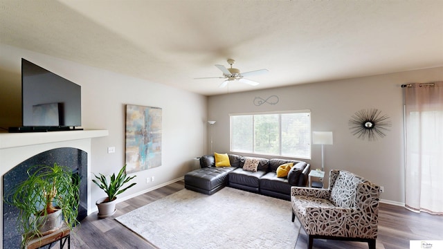 1609 N 208th St, Elkhorn, NE 68022 - living room with wood finished floors, a fireplace, and ceiling fan