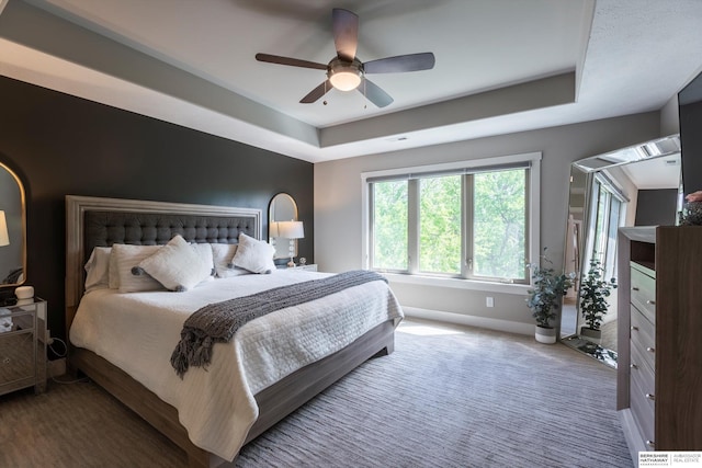 2203 N 188th Ave, Elkhorn, NE 68022 - carpeted bedroom with a tray ceiling, baseboards, and ceiling fan