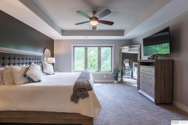 2203 N 188th Ave, Elkhorn, NE 68022 - bedroom featuring a raised ceiling, baseboards, carpet floors, and ceiling fan