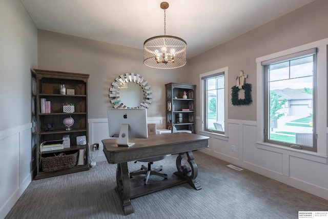 2203 N 188th Ave, Elkhorn, NE 68022 - carpeted office featuring a chandelier, wainscoting, and a decorative wall