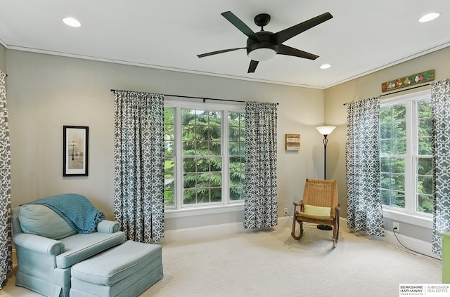 5119 Hamilton St, Omaha, NE 68132 - sitting room with carpet floors, baseboards, ceiling fan, recessed lighting, and healthy amount of natural light
