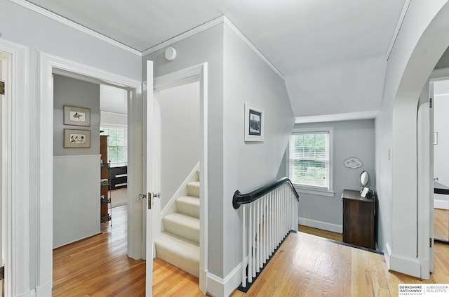 5119 Hamilton St, Omaha, NE 68132 - hall with arched walkways, wood finished floors, plenty of natural light, crown molding, and baseboards