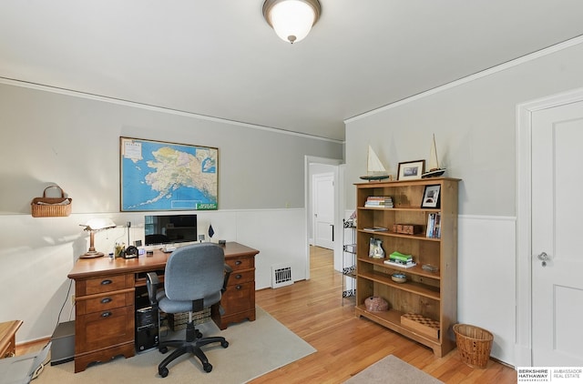 5119 Hamilton St, Omaha, NE 68132 - office featuring wood finished floors, crown molding, and a wainscoted wall