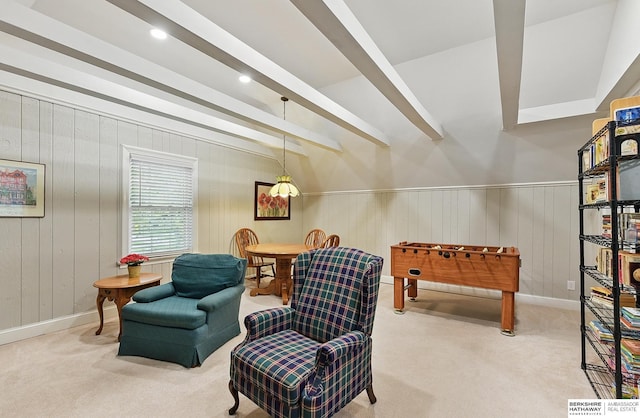 5119 Hamilton St, Omaha, NE 68132 - living area featuring carpet floors, beamed ceiling, wooden walls, and baseboards