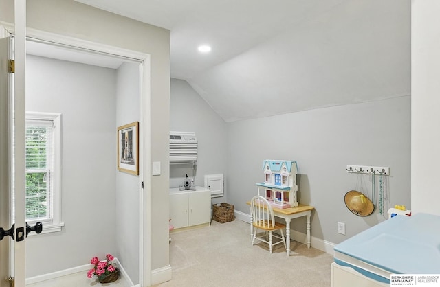 5119 Hamilton St, Omaha, NE 68132 - rec room featuring lofted ceiling, light carpet, baseboards, and recessed lighting
