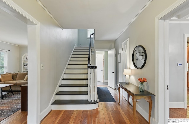 5119 Hamilton St, Omaha, NE 68132 - stairs with hardwood / wood-style flooring, ornamental molding, and baseboards