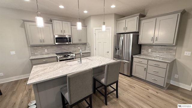 12667 161st Ave, Bennington, NE 68007 - kitchen featuring stainless steel appliances, gray cabinets, a sink, baseboards, and recessed lighting