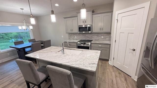 12667 161st Ave, Bennington, NE 68007 - kitchen featuring stainless steel appliances, a sink, gray cabinetry, wood finished floors, and recessed lighting