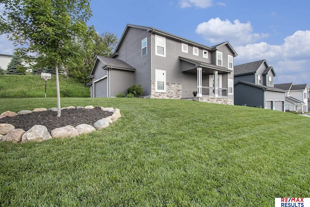10202 N 152nd Ave, Bennington, NE 68007 - back of house featuring stone siding and a lawn