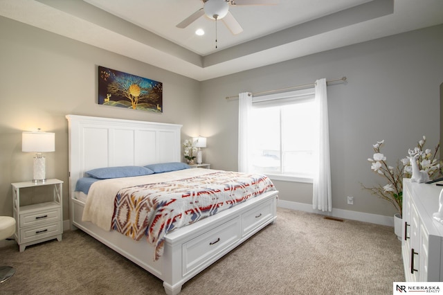 7316 Gerald Ave, Lincoln, NE 68516 - bedroom featuring light carpet, a raised ceiling, baseboards, and ceiling fan