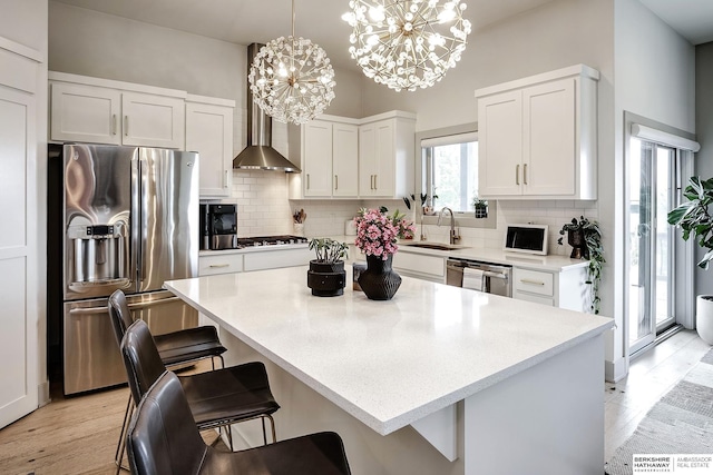1611 S 208th St, Omaha, NE 68022 - kitchen featuring stainless steel appliances, a sink, wall chimney range hood, white cabinets, and backsplash