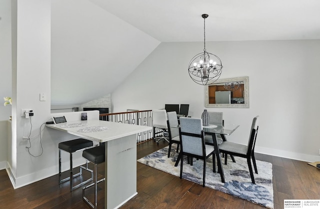 5135 N 159th Cir, Omaha, NE 68116 - dining room with lofted ceiling, dark wood-style flooring, baseboards, and a chandelier