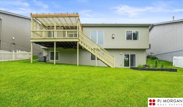 6713 N 148th St, Omaha, NE 68116 - rear view of house with stairway, a wooden deck, a pergola, and brick siding
