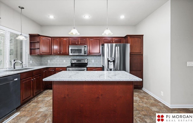 6713 N 148th St, Omaha, NE 68116 - kitchen featuring stainless steel appliances, backsplash, open shelves, a center island, and stone finish flooring