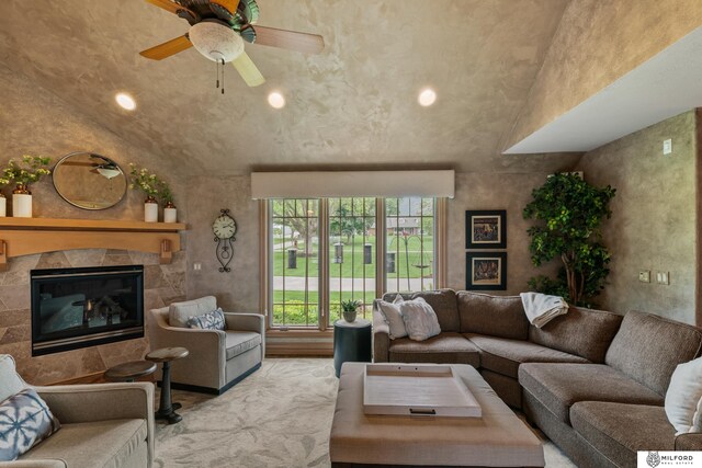 4725 S 184th Plz, Omaha, NE 68135 - living room with ceiling fan, a fireplace, and vaulted ceiling