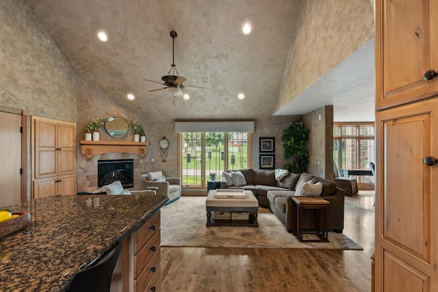 4725 S 184th Plz, Omaha, NE 68135 - living area featuring a ceiling fan, wood finished floors, healthy amount of natural light, a fireplace, and recessed lighting
