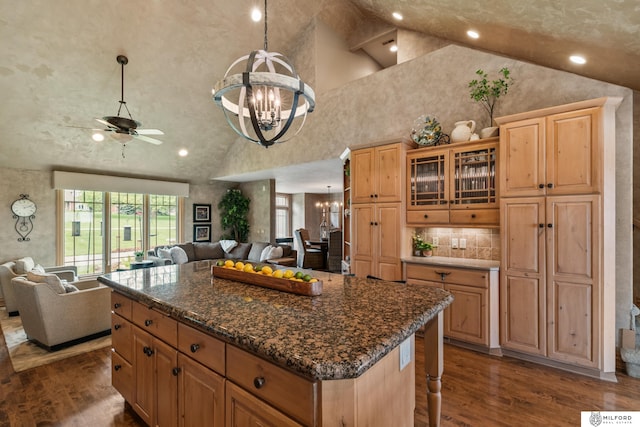 4725 S 184th Plz, Omaha, NE 68135 - kitchen featuring open floor plan, a chandelier, dark wood-style floors, recessed lighting, and a ceiling fan