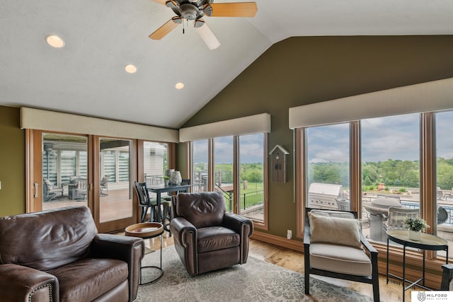 4725 S 184th Plz, Omaha, NE 68135 - living room featuring recessed lighting, high vaulted ceiling, a ceiling fan, and light wood finished floors