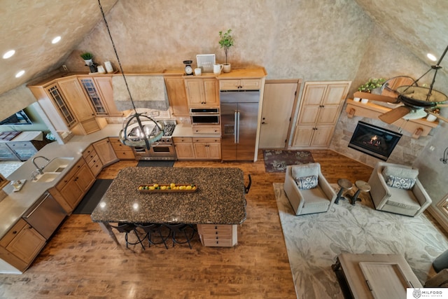 4725 S 184th Plz, Omaha, NE 68135 - kitchen featuring stainless steel appliances, light wood-style flooring, lofted ceiling, a sink, and a tiled fireplace