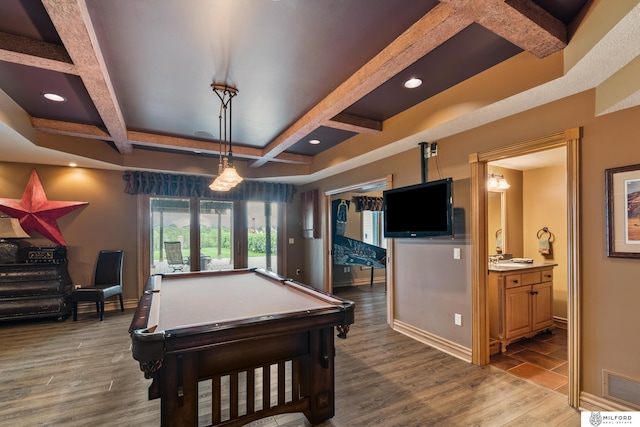 4725 S 184th Plz, Omaha, NE 68135 - playroom featuring coffered ceiling, billiards table, wood finished floors, beamed ceiling, and baseboards