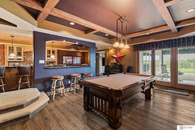 4725 S 184th Plz, Omaha, NE 68135 - playroom with coffered ceiling, billiards table, recessed lighting, beamed ceiling, and dark wood-style floors