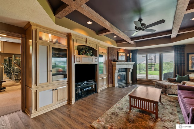 4725 S 184th Plz, Omaha, NE 68135 - living room featuring coffered ceiling, ceiling fan, dark wood-style floors, beam ceiling, and recessed lighting