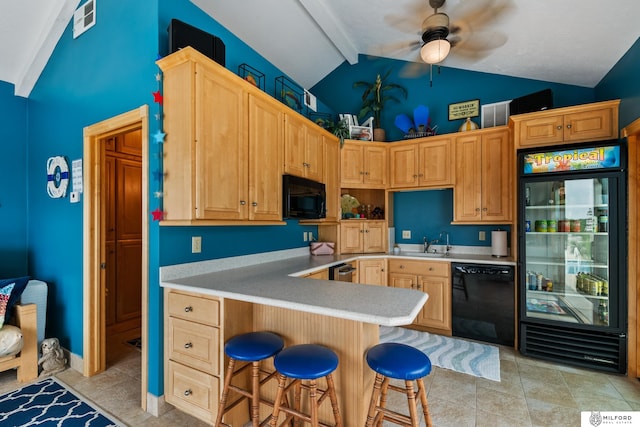 4725 S 184th Plz, Omaha, NE 68135 - kitchen with black appliances, beamed ceiling, a sink, light countertops, and a kitchen breakfast bar