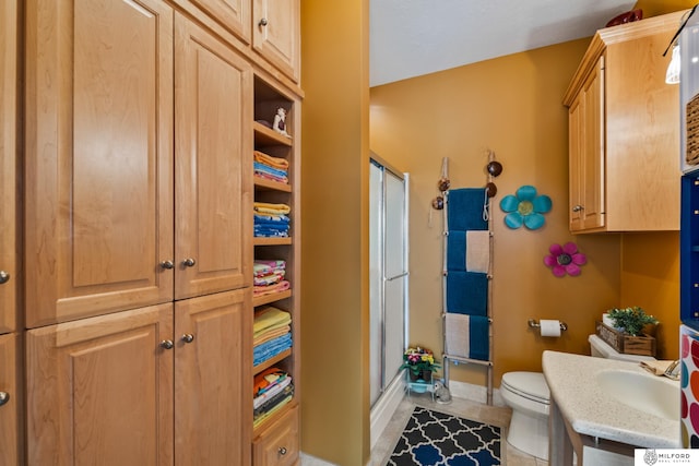 4725 S 184th Plz, Omaha, NE 68135 - full bath featuring vanity, toilet, a stall shower, and baseboards