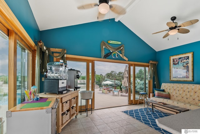 4725 S 184th Plz, Omaha, NE 68135 - tiled living room featuring ceiling fan, beam ceiling, and high vaulted ceiling