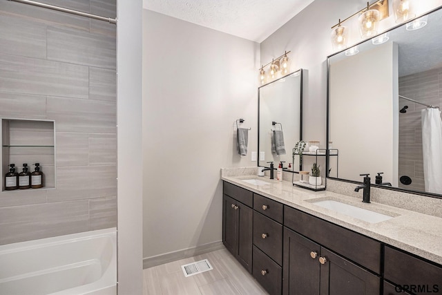 630 N 46th St, Omaha, NE 68132 - full bathroom with a shower with shower curtain, double vanity, baseboards, a bathtub, and tile patterned flooring