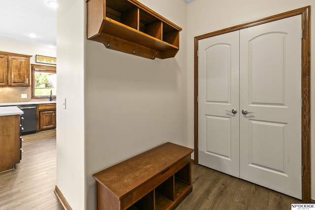19677 Lamont St, Omaha, NE 68130 - mudroom featuring dark wood-style floors, a sink, and recessed lighting