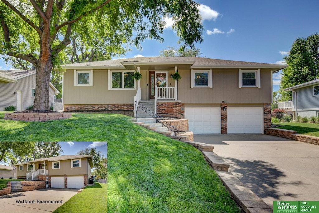 15311 Blackwell Dr, Omaha, NE 68137 - ranch-style house with a garage, concrete driveway, a front yard, and brick siding