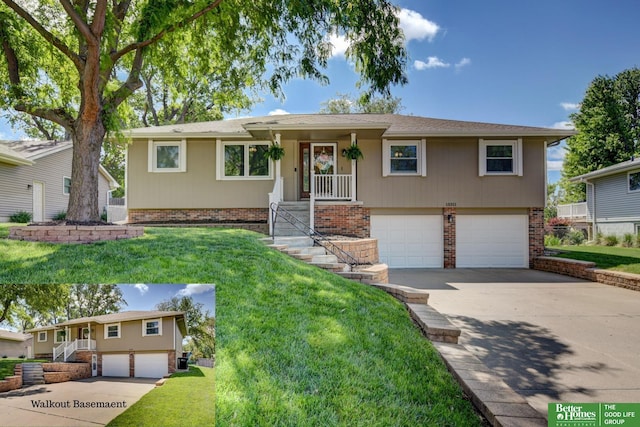 15311 Blackwell Dr, Omaha, NE 68137 - ranch-style house with a garage, concrete driveway, a front yard, and brick siding