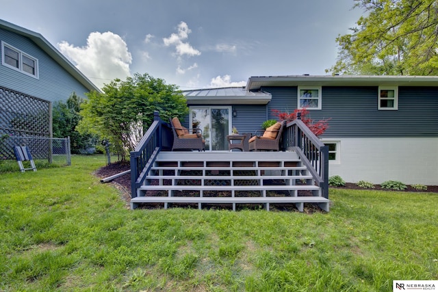 2000 Murray Rd, Plattsmouth, NE 68048 - back of house featuring stairway, a standing seam roof, a wooden deck, and metal roof
