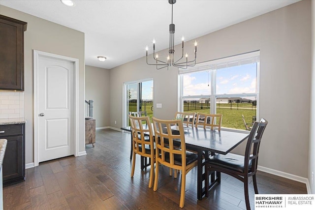 20904 Camden Ave, Omaha, NE 68022 - dining area featuring a chandelier, dark wood-style flooring, and baseboards