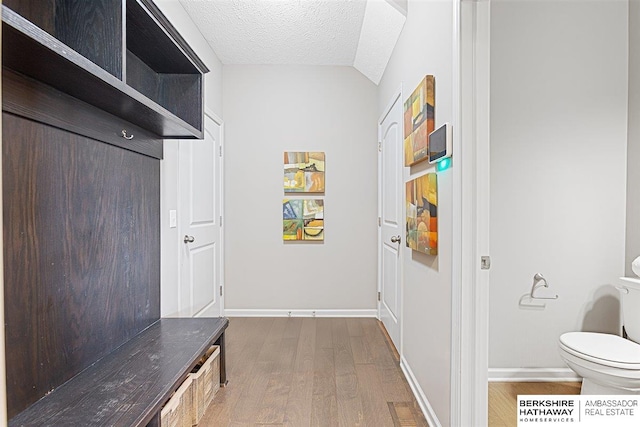 20904 Camden Ave, Omaha, NE 68022 - mudroom featuring wood finished floors, a textured ceiling, and baseboards