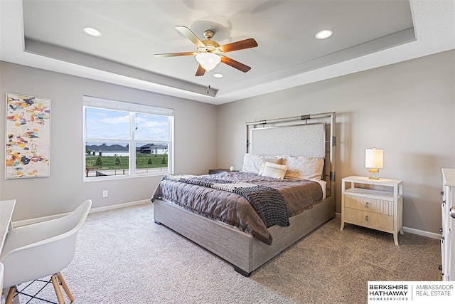 20904 Camden Ave, Omaha, NE 68022 - bedroom featuring a raised ceiling, carpet floors, baseboards, recessed lighting, and a ceiling fan