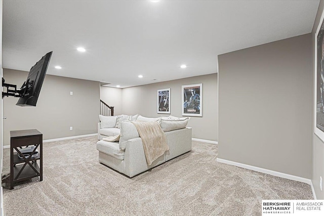 20904 Camden Ave, Omaha, NE 68022 - carpeted living area with recessed lighting, baseboards, and stairs