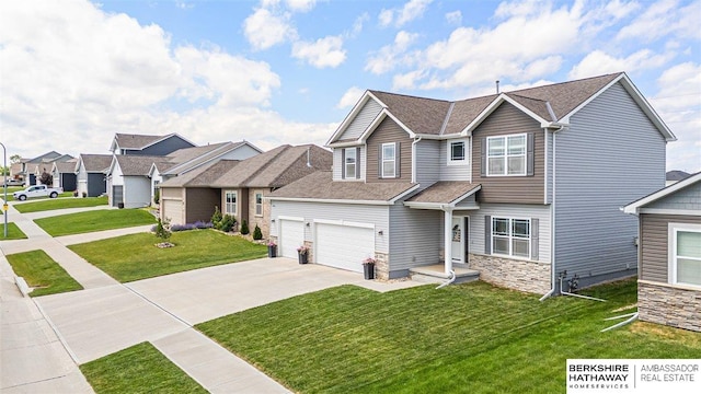 20904 Camden Ave, Omaha, NE 68022 - view of front of home with stone siding, concrete driveway, a front yard, and a residential view