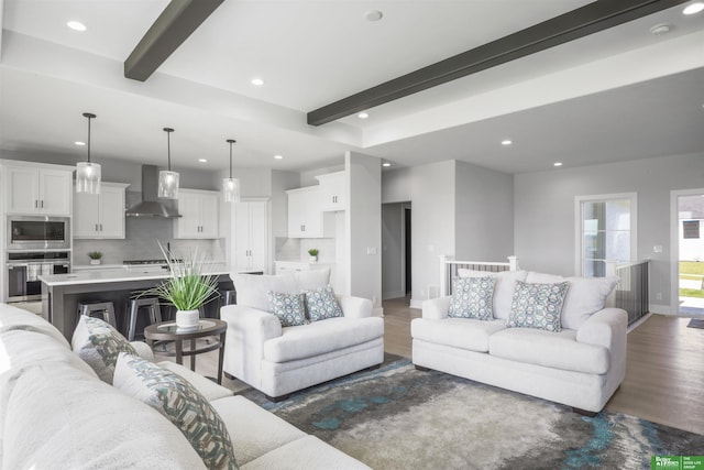 5508 N 212th St, Elkhorn, NE 68022 - living area featuring recessed lighting, beam ceiling, and dark wood-style floors