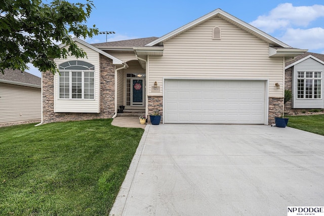 7409 N 160th St, Bennington, NE 68007 - ranch-style home featuring stone siding, driveway, a garage, and a front yard